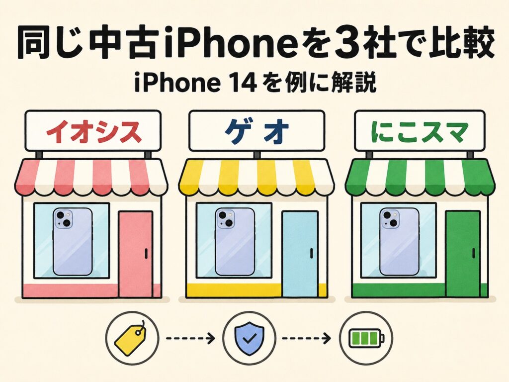 同じ中古iPhone 14をイオシス・ゲオ・にこスマで比較するポイント