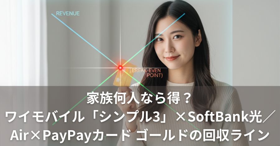 20代日本人女性がゴールドのクレジットカードを持ち、損益分岐点グラフを背景にしたアイキャッチ